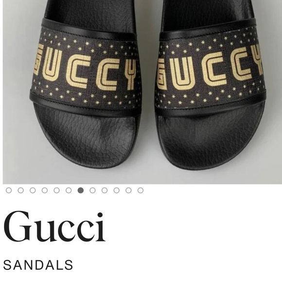 GUCCI “GUCCY” SUPREME CANVAS BLACK WITH SHIMMERING GOLD GLITTER STARS SLIDES - Picture 7 of 16
